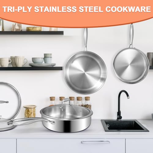EWFEN 12 Inch Tri-Ply Stainless Steel Frying Pan, Compatible with All Cooktops Up to 600℉, Large Frying Pan with lids, Induction-Ready Skillet, Dishwasher and Oven Safe, Even Heat, 12" Saute Pan+Lid