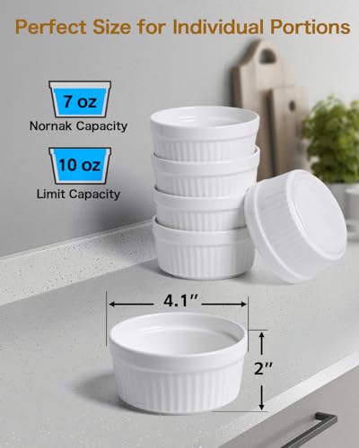 KITCHENLESTAR 7 oz Ramekins Set of 6, Oven Safe Porcelain Ramekin Bowls for Creme Brulee, Souffle & Custard, Dessert Cups & Dipping Sauce Dishes, Stackable, Soft White