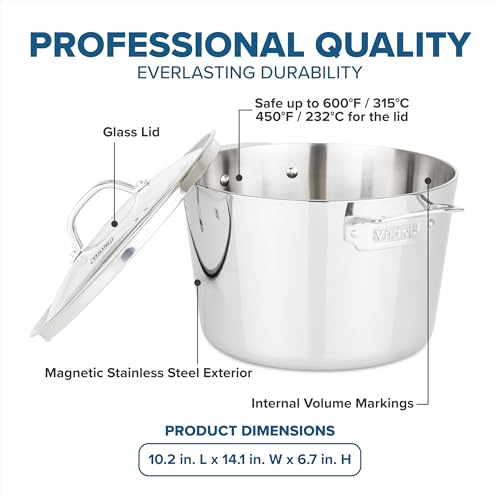 Viking Contemporary 3-Ply Stainless Steel Stock Pot, 8 Quart Soup Cooking Pot with Lid, Kitchen Cookware