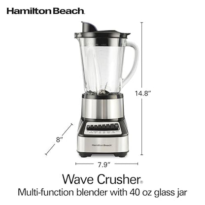 Hamilton Beach Wave Crusher Blender For Smoothies With 40 Oz Glass Jar and 14 Functions, Ice Sabre Blades & 700 Watts for Consistently Smooth Results, Black + Stainless Steel (54221)