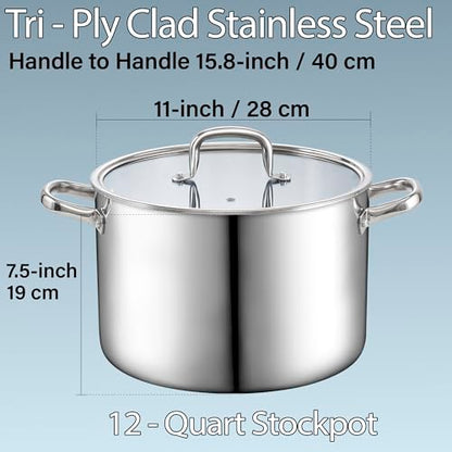 Cook N Home Classic Tri-Ply Clad Stock Pot, Stainless Steel Stock Pot with Lid, Cooking Pot for Pasta, Spaghetti, Large Soup Pot with Handle, Cookware for Canning, Boiling, Simmer, Oven Safe, 12-QT