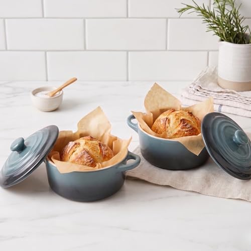 Kook Ceramic Mini Cocotte Set, Small Casserole Dishes with Lids and Handles, Individual Baking Ramekins, Oven safe 350F, Microwave & Dishwasher Safe, Stoneware, 12 oz, Set of 4, (Stone Ombre)