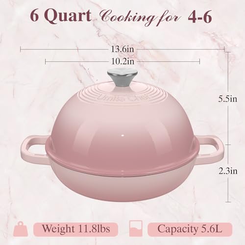 Cast Iron Dutch Oven Pot with Lid, Round Bread Oven for Sourdough Bread Baking, Umite Chef Enameled Cast Iron Bread Oven with Dome Lid & Cotton Potholders for Sourdough, Pink, 6 Quarts