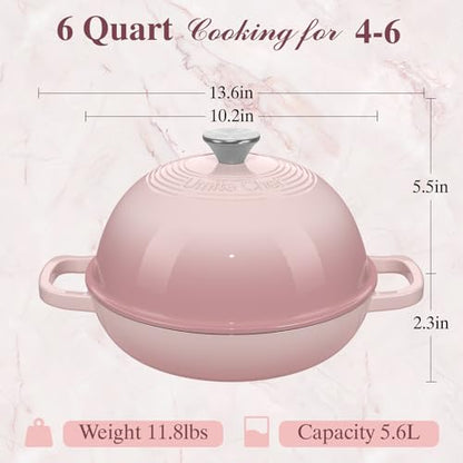 Cast Iron Dutch Oven Pot with Lid, Round Bread Oven for Sourdough Bread Baking, Umite Chef Enameled Cast Iron Bread Oven with Dome Lid & Cotton Potholders for Sourdough, Pink, 6 Quarts