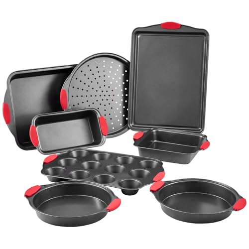 VEVOR Baking Pans Set, 8-Piece, Nonstick Carbon Steel Cookware Sheets & Trays, Stackable Kitchen Oven Bakeware Cooking Sets with Silicone Handles, Easy to Clean, for Baking Cookie Cake Muffin Bread