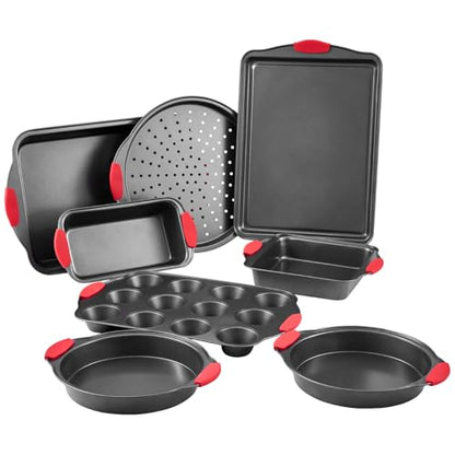 VEVOR Baking Pans Set, 8-Piece, Nonstick Carbon Steel Cookware Sheets & Trays, Stackable Kitchen Oven Bakeware Cooking Sets with Silicone Handles, Easy to Clean, for Baking Cookie Cake Muffin Bread