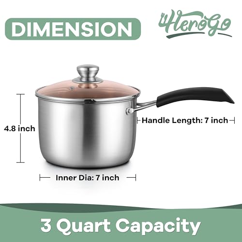 Herogo 3 Quart Saucepan, 18/10 Stainless Steel Sauce Pan Pot with Lid, 3Qt Saucepan for Gas Electric Stove Top Camping, Healthy & Rust Free