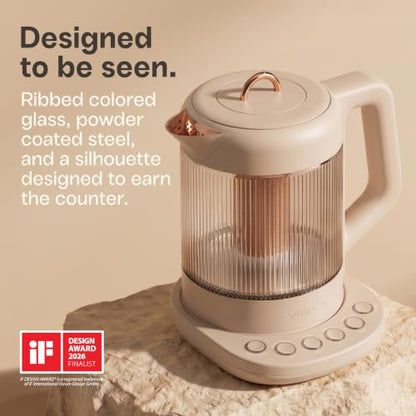 Viante Nina Electric Tea Kettle with Infuser, No Plastic In Contact With Water, 1.5L Borosilicate Glass, 304 Stainless Steel, 4 Temp Presets, Keep Warm, Cordless, Auto Shut-Off, Beige