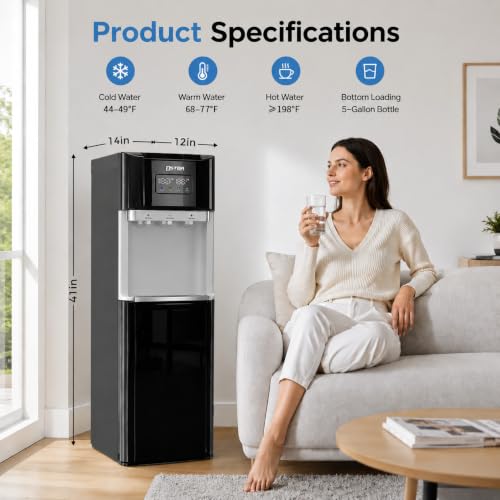 OSTBA Bottom Loading Water Cooler Dispenser for 3 & 5 Gallon Bottles, Hot, Cold & Room Water, LED Display, Child Safety Lock, Stainless Steel Tank Water Dispenserfor Home & Office