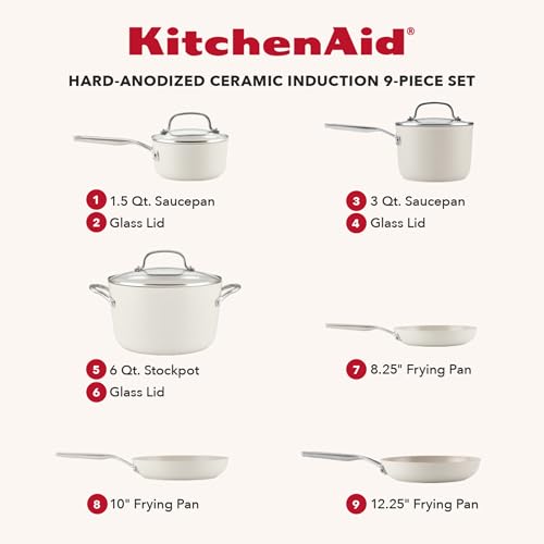KitchenAid Hard Anodized Ceramic Induction Nonstick Pots and Pans with Saucepans, Frying Pans, Stockpot, and Lids, Dishwasher Safe, 9 Piece Cookware Set with Stainless Steel Handles - Porcelain White