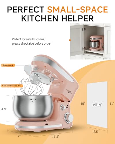 Stand Mixers, 3.4QT Mixers Kitchen Electric Stand Mixer, 6+P Speed Tilt-Head Portable Household Mixers for Daily Use with Egg Whisk, Dough Hook, Flat Beater, Dough Bread Mixer for Baking (Pink)
