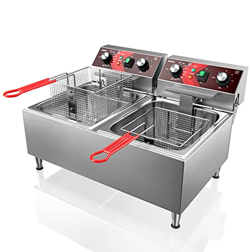 EGGKITPO Deep Fryers Stainless Steel Commercial Deep fryer with Timer Dual Tank Electric Deep Fryer with 2 Baskets Large Capacity 10L X 2 Electric Countertop Fryer for Restaurant and Home, 120V 3600W