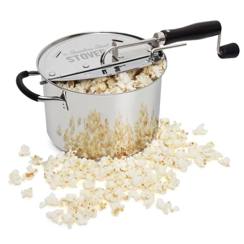 StovePop Stainless Steel Popcorn Popper - Gearless Hand Crank, Magnetic Lid, 6 Qt - Induction Range Compatible