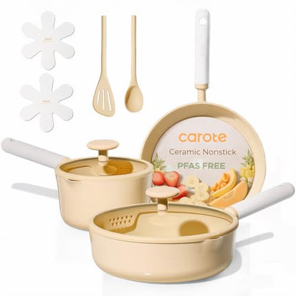 CAROTE Ceramic Cookware Set Nonstick, 9pcs Pots and Pans Set Non stick, Non-Toxic & PFAS-Free,Dishwasher, RV/Camping Cookware Set,Sauce Pan with Lid, Yellow