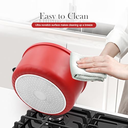 Bobikuke 3 Qt Lightweight Dutch Oven Pot with Lid, Small Aluminum Dutch Oven Nonstick, Cooking Pot for Stew Braise Simmer and Fry, Induction Pots for All Stoves, Stay-Cool Handle, PFOA Free, Red