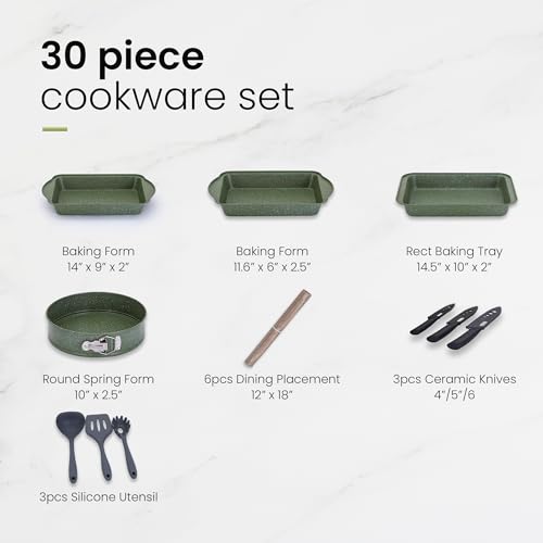 Kitchen Academy Pots and Pans Set Nonstick, 30 Pieces Induction Kitchen Cookware and Bakeware Sets, Green Granite Coating Cooking Pans Set