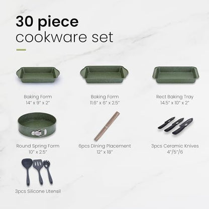 Kitchen Academy Pots and Pans Set Nonstick, 30 Pieces Induction Kitchen Cookware and Bakeware Sets, Green Granite Coating Cooking Pans Set