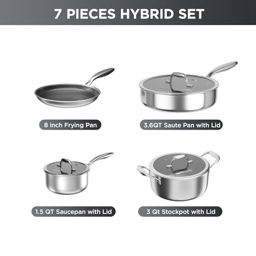 COOKER KING 7 PCS Stainless Steel Cookware Set, Pots and Pans Set Non Stick, Hybrid Cookware,Non-Stick Frying Pan, Saucepan, Saute Pan & Stockpot, Non-Toxic, Oven Safe, Induction Compatible