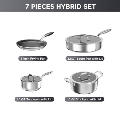 COOKER KING 7 PCS Stainless Steel Cookware Set, Pots and Pans Set Non Stick, Hybrid Cookware,Non-Stick Frying Pan, Saucepan, Saute Pan & Stockpot, Non-Toxic, Oven Safe, Induction Compatible