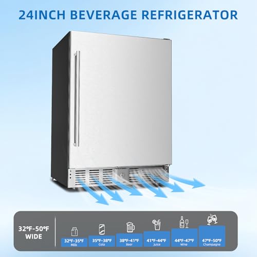Antarctic Star 24 Inch Outdoor Beverage Refrigerator, 180 Can Stainless Steel Mini Fridge, Undercounter Built-in or Freestanding, Fast Cooling Low Noise Wine Cooler for Home Patio, 32-50°F