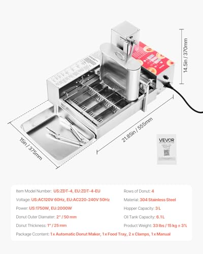 VEVOR Commercial Automatic Donuts Machine, 4 Rows Donuts Making Equipment, 240 pcs/hour Electric High Power Doughnut Maker, Stainless Steel Frying Auto Fryer, with Intelligent Control
