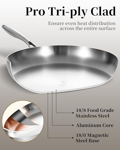 Bzayeat 14-Inch Tri-Ply Stainless Steel Frying Pan with Lid & Detachable Handle - Induction Compatible Skillet, Oven & Dishwasher Safe, Ideal for Frying, Sautéing & Simmering