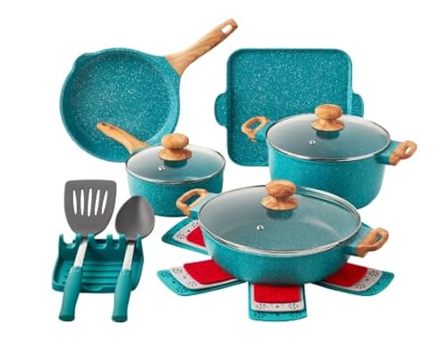 Prairie Signature 14-Piece Cast Aluminum Cookware Set, Teal Speckle