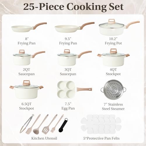 Sweetcrispy Pots and Pans Set, 25 Pcs Nonstick Kitchen Cookware Set, Induction Kitchen Cooking Set, Non-Toxic Frying Pans & Saucepans (PFOA/PFOS Free) Beige
