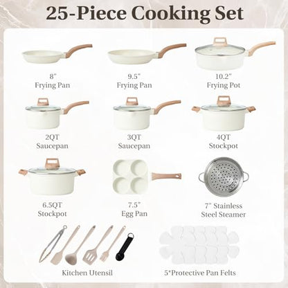 Sweetcrispy Pots and Pans Set, 25 Pcs Nonstick Kitchen Cookware Set, Induction Kitchen Cooking Set, Non-Toxic Frying Pans & Saucepans (PFOA/PFOS Free) Beige