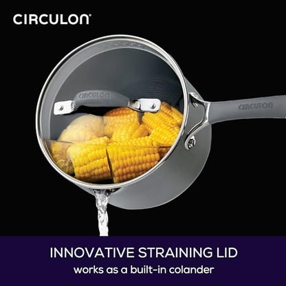 Circulon Radiance Hard-Anodized Nonstick Saucepan, Durable Nonstick Cookware, Sauce Pan with Straining Lid, 3-Quart, Gray