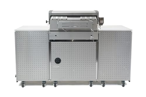 Mont Alpi Premium 70"W x 24"D Stainless Steel Compact Outdoor Kitchen Island with Refrigerator + 32"W 4-Burner BBQ Grill with Infrared Rotisserie Burner + Storage Cabinets + White Granite Countertops
