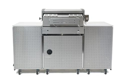 Mont Alpi Premium 70"W x 24"D Stainless Steel Compact Outdoor Kitchen Island with Refrigerator + 32"W 4-Burner BBQ Grill with Infrared Rotisserie Burner + Storage Cabinets + White Granite Countertops