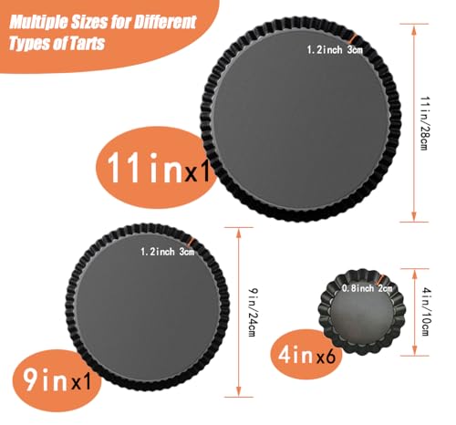 RICHSC-PAN Tart Pan Set, 11 & 9 Inch Tart Pans with 6Pcs 4 Inch Mini Pans. Removable Bottom, Non-Stick Coating, For Tart Quiche Pie Making. Suitable for Family Festivals and Gatherings.(8 Pack)