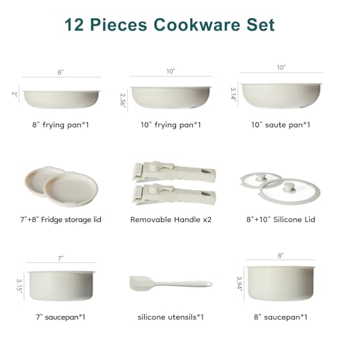 NEWBULIG 12-Piece Nonstick Cookware Set, Detachable Handle Pots and Pans, Induction Compatible Cookware, Dishwasher & Oven Safe, Space-Saving Kitchen Set, Cream White