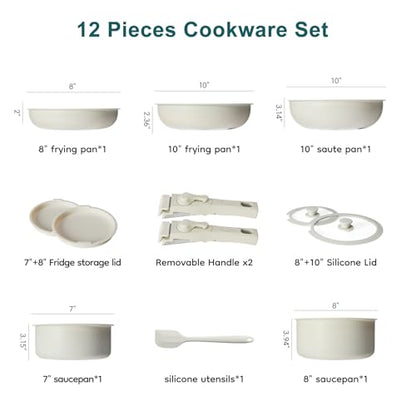 NEWBULIG 12-Piece Nonstick Cookware Set, Detachable Handle Pots and Pans, Induction Compatible Cookware, Dishwasher & Oven Safe, Space-Saving Kitchen Set, Cream White