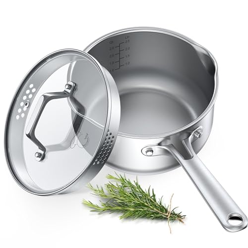 PekGema Stainless Steel Saucepan 3 Quart with Glass Strainer Lid, Tri-Ply Construction, Dual Pour Spouts, Measurement Marks, Stay-Cool Handle, Dishwasher & Oven Safe, All Cooktops Compatible