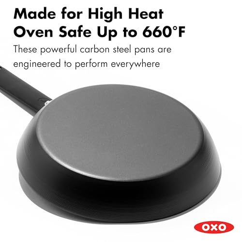 OXO Obsidian 10" Carbon Steel Frying Pan, Pre-Seasoned Skillet, Builds Natural Nonstick with Use, Induction Ready, Oven Safe, Removable Silicone Handle