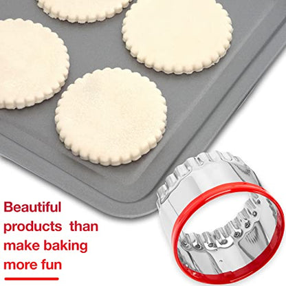 3Pcs Fluted Round Cookie Cutters - 2" & 2.6" & 3", Heavy Duty Food-Grade Stainless Steel, Mini Biscuit Cutter, Unique Design with Protective Red Top PVC