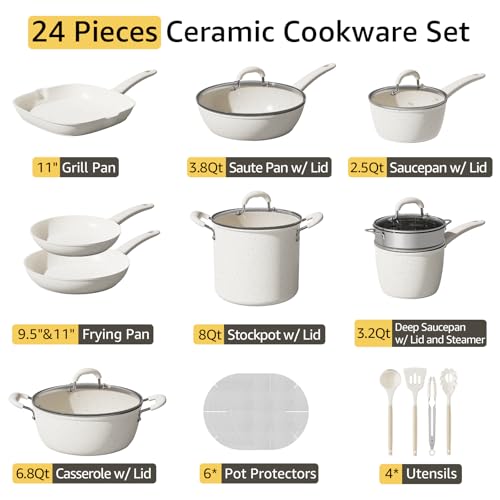 24Pcs Pots and Pans Set Non Stick,Ceramic Cookware Set with 8Qt Stockpot,Titanium-Reinforced Long-Lasting Nonstick,PFAS-Free,Induction Compatible,Complete Kitchen Set for Batch Cooking & Family Meals