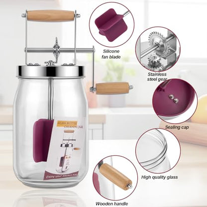 Retro Manual Butter Churn Kit - Wooden Hand-Crank Butter Maker with Glass Jar, Perfect for Fresh Cream, Keto Butter & Sustainable Homesteading (Farmhouse Must-Have) (51 OZ)