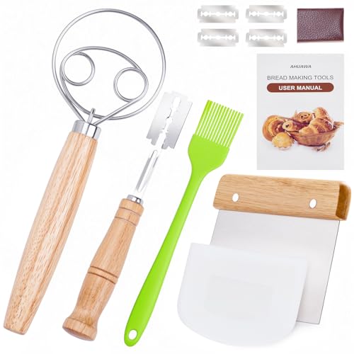 Danish Dough Whisk with Sourdough Scoring Tool, Bread Making Tools and Baking Supplies - Dough Hook Dutch Whisk, Bread Lame, Bench Scraper & Pastry Brush