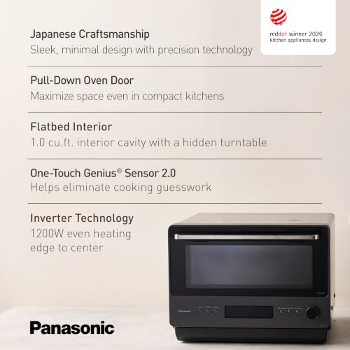 Panasonic Japanese Microwave, 1.0 cu. ft. 1200W Clean Design Flatbed Countertop Microwave Oven with Genius Sensor 2.0 One-Touch Cooking and Reheating, Inverter Technology, Auto Defrost – NN-SF57RM