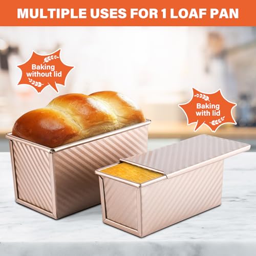 CFGUK 2 Pack Pullman Loaf Pan with Lid, 1 lb/0.5 lb Dough Capacity for Homemade Bread, Non-stick Corrugated Carbon Steel Bread Toast Box with Cover for Bakeware, Sandwich & Toast Oven Baking, Gold