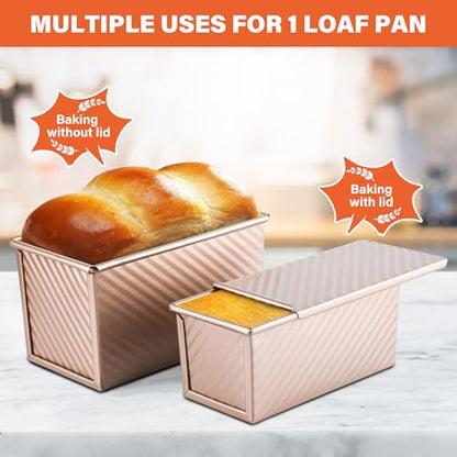 CFGUK 2 Pack Pullman Loaf Pan with Lid, 1 lb/0.5 lb Dough Capacity for Homemade Bread, Non-stick Corrugated Carbon Steel Bread Toast Box with Cover for Bakeware, Sandwich & Toast Oven Baking, Gold