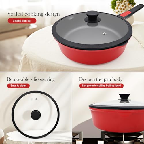Bobikuke 10 Inch Deep Frying Pan with Lid, Non Stick Frying Pans Saute Pan, Nonstick Skillet Cooking Pan Kitchen Pans, Compatible with All Stoves, Detachable Handle, Oven Safe, PFOA Free, Red (4 Qt)