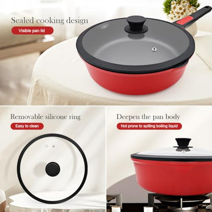 Bobikuke 10 Inch Deep Frying Pan with Lid, Non Stick Frying Pans Saute Pan, Nonstick Skillet Cooking Pan Kitchen Pans, Compatible with All Stoves, Detachable Handle, Oven Safe, PFOA Free, Red (4 Qt)