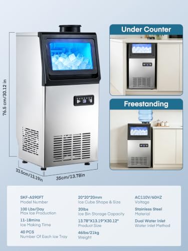 Commercial Ice Maker Machine, 100LBS/24H Freestanding & Undercounter Ice Machine with 2 Water Inlets, 40 PCS/Cycle and 20LBS Storage Bin, Stainless Steel, LED Display & Self-Cleaning for Home Bar