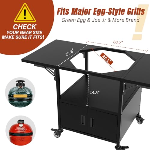 Outdoor Big Green Egg Grill Cart,Egg BBQ Grill with Dustproof Cover, 3-Duty Storage, 2 Sided Prep Table, 530Lbs&Heavy Duty Metal, Outside-in Easy assembly, Compatible with Big Green Egg,Kamado Joe