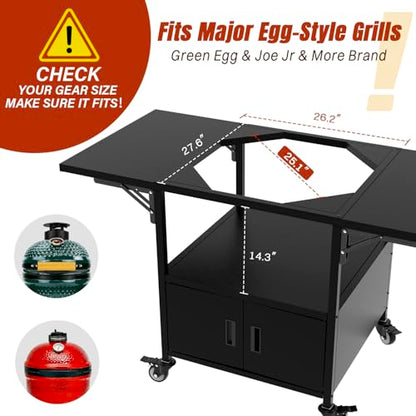 Outdoor Big Green Egg Grill Cart,Egg BBQ Grill with Dustproof Cover, 3-Duty Storage, 2 Sided Prep Table, 530Lbs&Heavy Duty Metal, Outside-in Easy assembly, Compatible with Big Green Egg,Kamado Joe