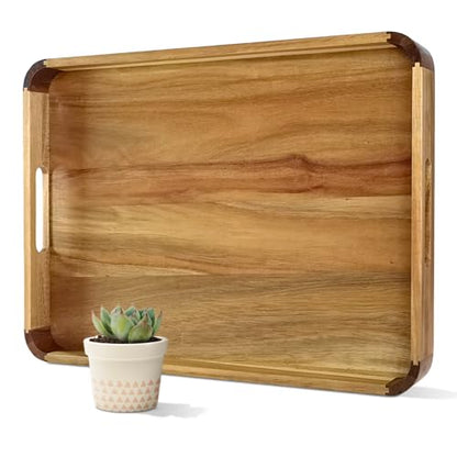 OurMiao 22 Inches Acacia Wood Serving Tray with Handles, Large Wooden Rectangle Ottoman Tray, Nice Home Decor for Living Room Coffee Table Couch, Ideal Size for Serving Food Breakfast BBQ Party